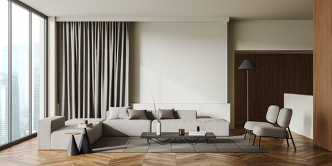 Light relaxing interior with couch, seats and panoramic window. Mockup wall