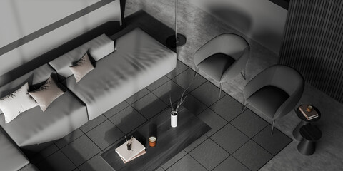 Top view of grey meeting interior with soft place and coffee table