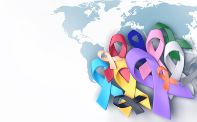 Fototapeta premium multi colorful cancer awareness ribbon with world map design for campaign of World Cancer Day banner and background