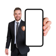Businessman showing a big mockup phone screen, isolated over whi