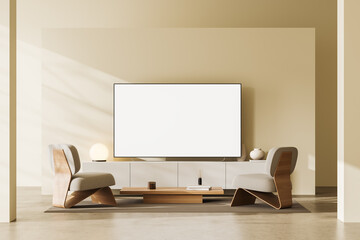 Modern living room interior with tv on dresser, armchairs and mockup screen