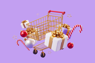 Shopping cart and gift boxes with christmas accessories