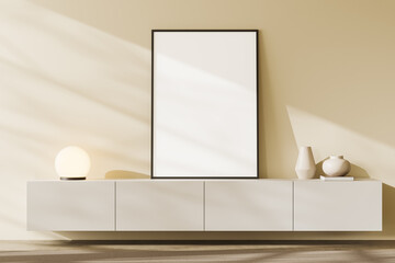 Modern gallery room interior with drawer and art decoration, mockup frame