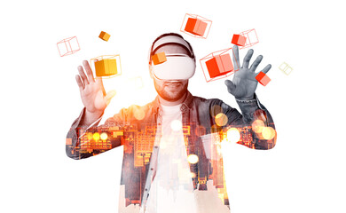 Young man in vr glasses touching blocks in cyberspace, cityscape