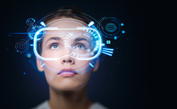 Businesswoman with vr glasses hologram, futuristic technology and connection
