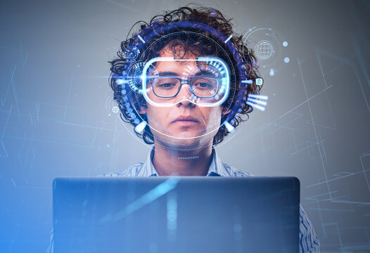 Businesswoman with vr glasses hologram and laptop, working in cyberspace