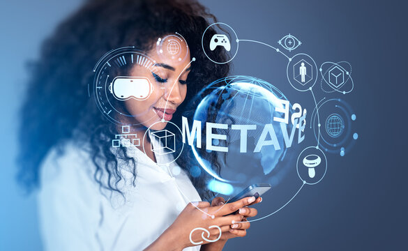 African businesswoman with phone, metaverse digital globe with web icons - Powered by Adobe