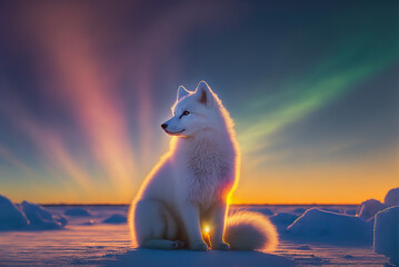 Fototapeta premium Arctic Fox sitting in arctic sunset, aurora borealis. Beautiful nature background. Digital art