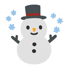Snowman vector flat emoji design. Isolated snow man dressed with a top hat, a carrot nose, coal eyes sign design.