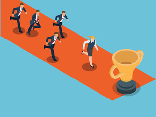 Business people run race crossing finish line ribbon. Team leader finish first. Businessperson man, woman colleagues win race competition achieving success. Leadership concept flat vector illustration