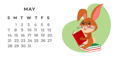 Desktop calendar design template for May 2023, the year of the Rabbit or bunny according to the Chinese calendar. Vector stock flat illustration.
