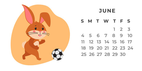 Desktop calendar design template for June 2023, the year of the Rabbit or bunny according to the Chinese calendar. Vector stock flat illustration.