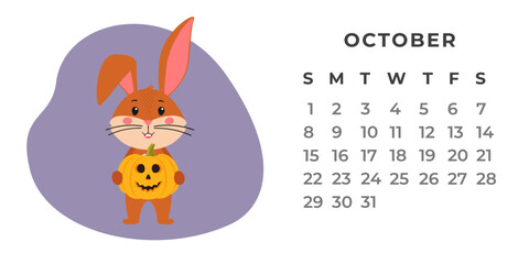 Desktop calendar design template for October 2023, the year of the Rabbit or bunny according to the Chinese calendar. Vector stock flat illustration.
