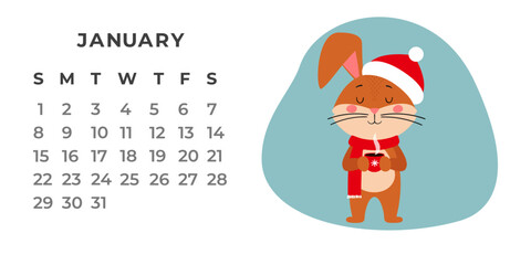 Desktop calendar design template for January 2023, the year of the Rabbit or bunny according to the Chinese calendar. Vector stock flat illustration.