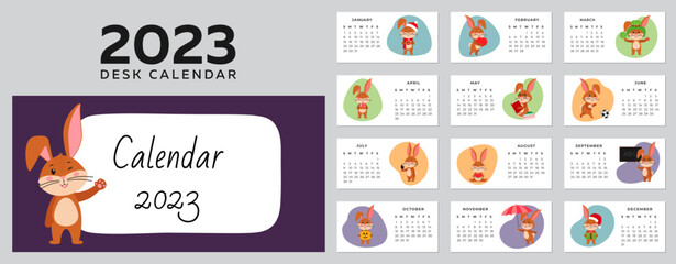 Desktop calendar design template for 2023, the year of the Rabbit or bunny according to the Chinese calendar. Set of 12 pages and cover with a cute hare. Vector stock flat illustration.