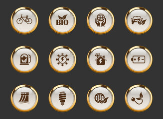 alternative energy gold-rimmed vector icons on dark background. alternative energy icons in gold frame for web, mobile and ui design