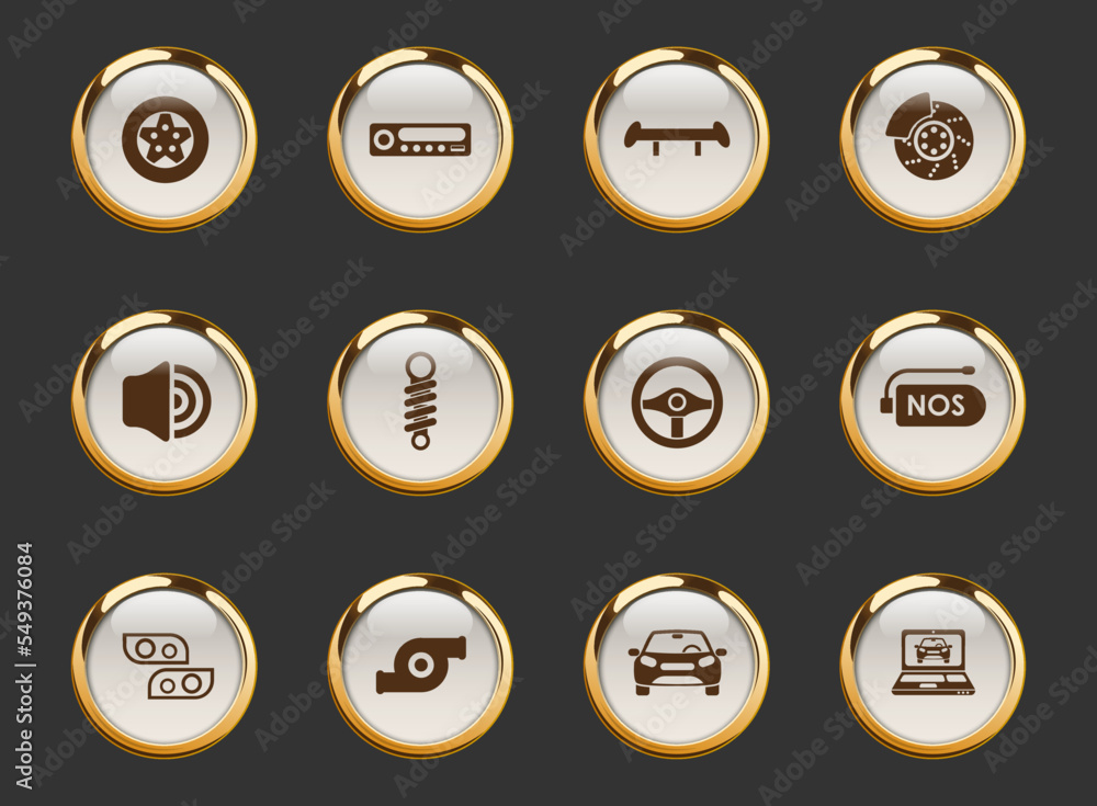 Poster auto tuning gold-rimmed vector icons on dark background. auto tuning icons in gold frame for web, mo
