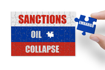Puzzle made from Russia flag. Sanctions and embargo for Russian war and aggression in Ukraine. EU...