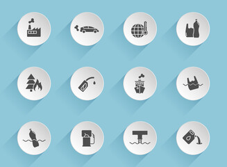 pollution vector icons on round puffy paper circles with transparent shadows on blue background. pollution stock vector icons for web, mobile and user interface design