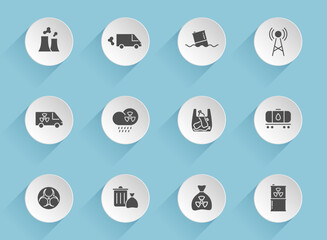 pollution vector icons on round puffy paper circles with transparent shadows on blue background. pollution stock vector icons for web, mobile and user interface design