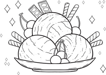 A Digital Line Art Illustration of Delicious, Sweet Ice Cream for Coloring Book - Page