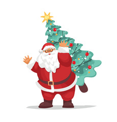 Santa Claus carries a Christmas tree on his back. Winter holiday character for card design, flat cartoon vector illustration isolated on white background.