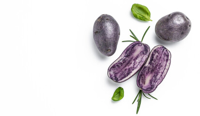 Raw cut purple sweet potatoes isolated on white background. Ipomoea batatas. Batata potato. Long banner format. top view