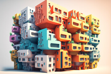 Brightly colored artist's impression of future building created by large scale industrial 3D printing. Generative AI art