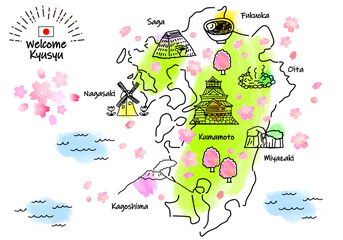春の九州の観光地のシンプル線画イラストマップ（緑）