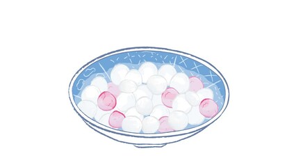 Cute pink and white sweet dumplings in a blue bowl in cartoon illustration footage video