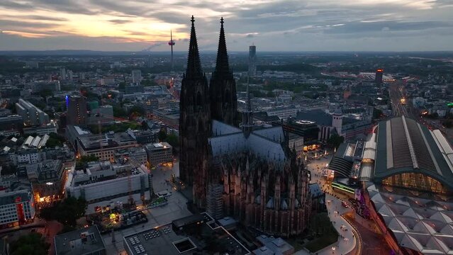 Aerial drone video footage Famous Cologne Cathedral symbol of the city of Cologne. K&ouml;lner Dom. Hohe Domkirche St. Peter und Maria
