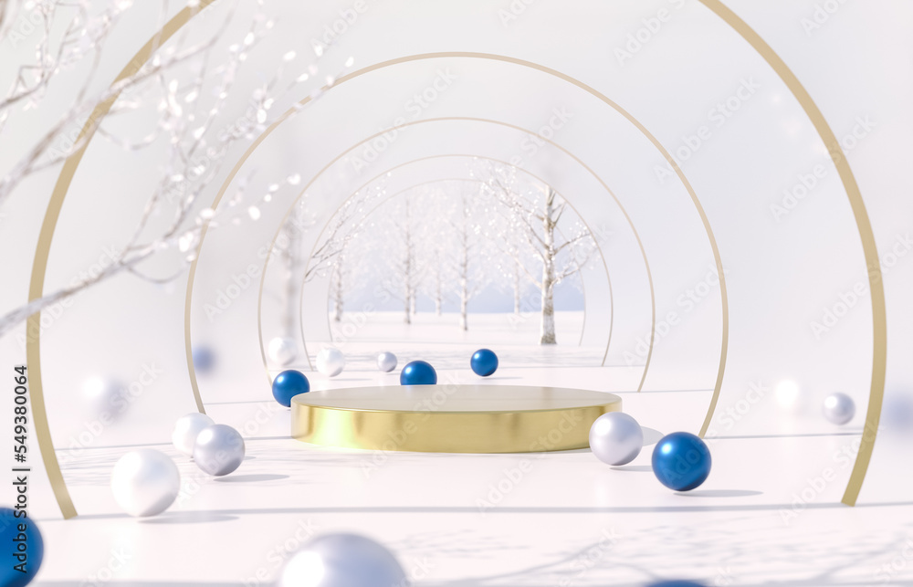 Aufkleber winter christmas scene with golden podium for product display. 3d rendering background.