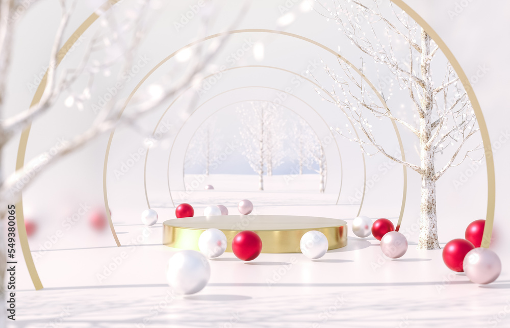 Poster winter christmas scene with golden podium for product display. 3d rendering background.