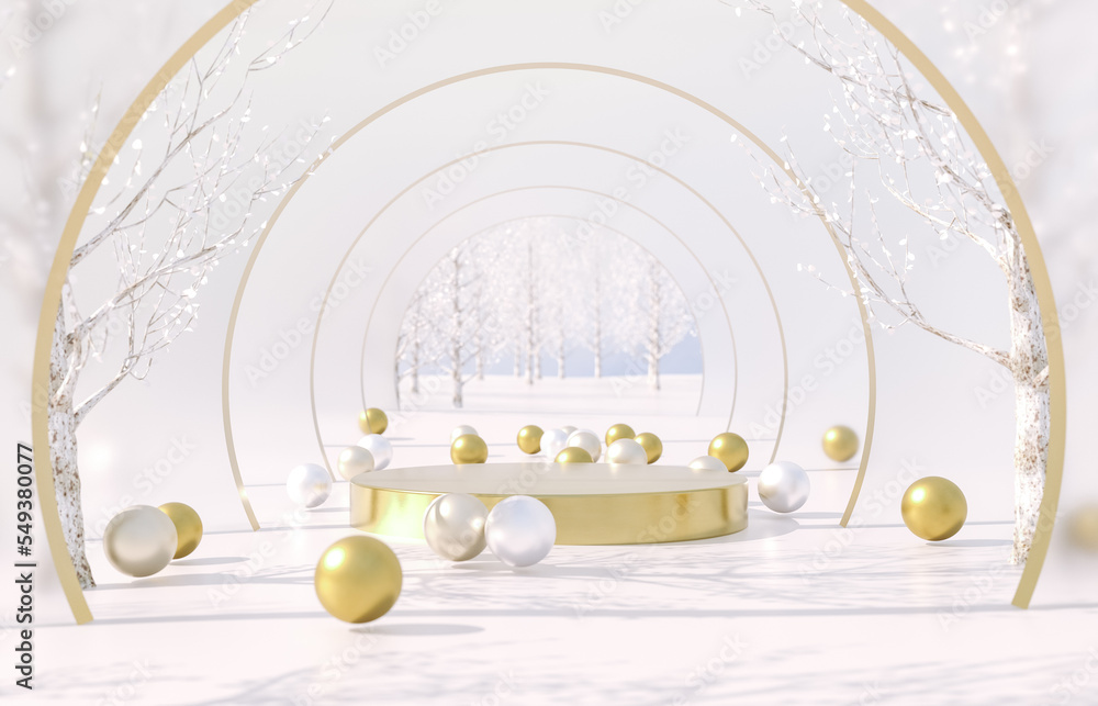 Aufkleber winter christmas scene with golden podium for product display. 3d rendering background.
