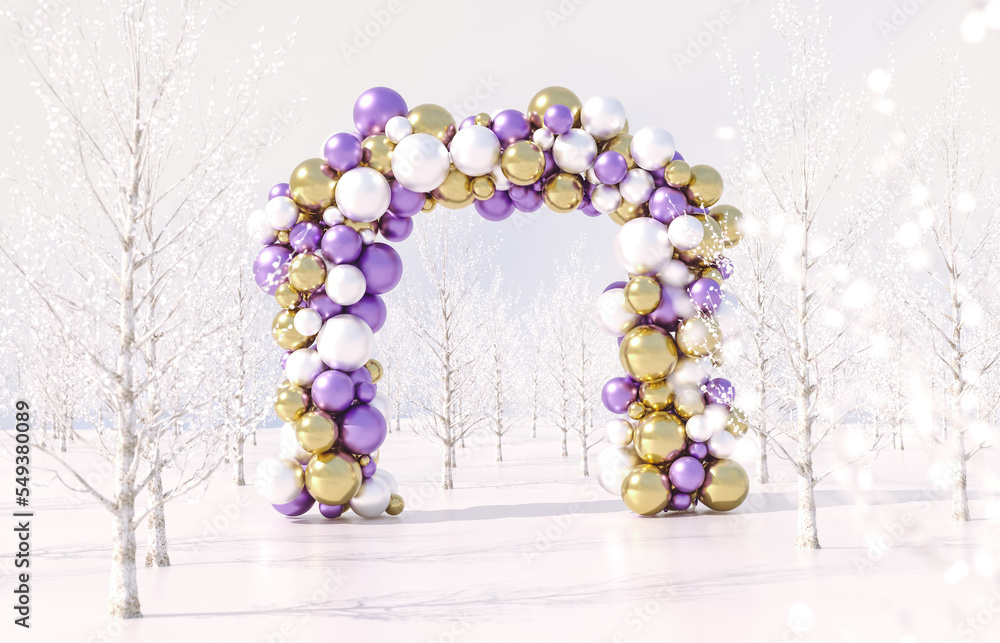 Aufkleber winter christmas scene with geometric sphere arch. 3d rendering background.