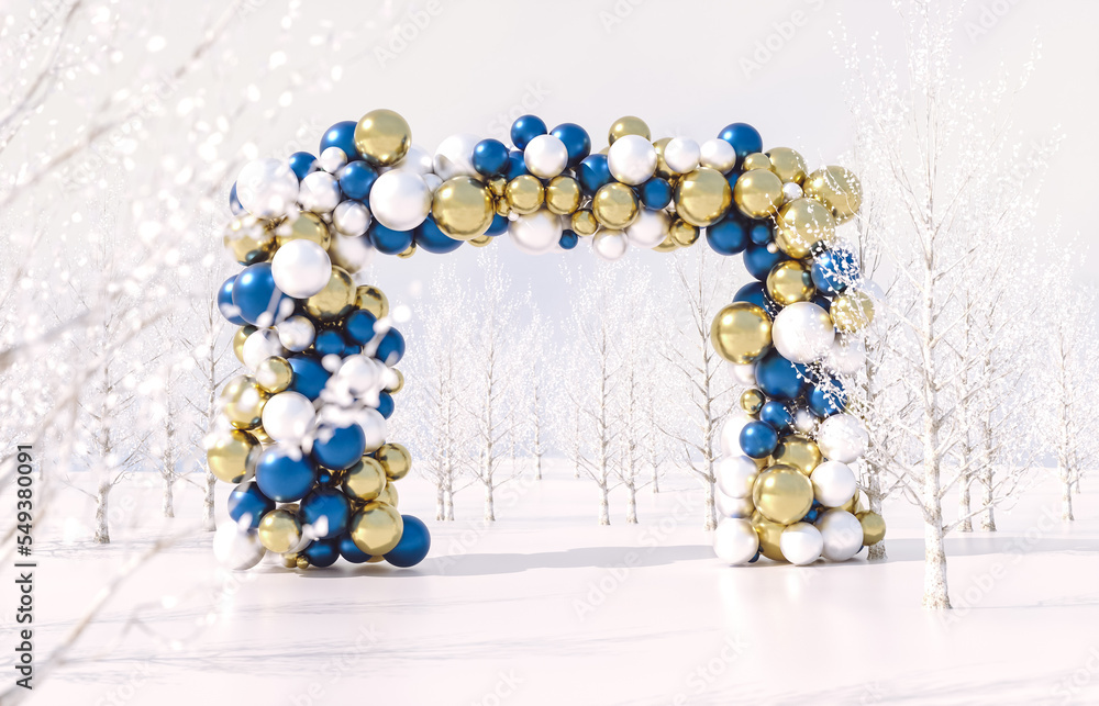 Aufkleber winter christmas scene with geometric sphere arch. 3d rendering background.