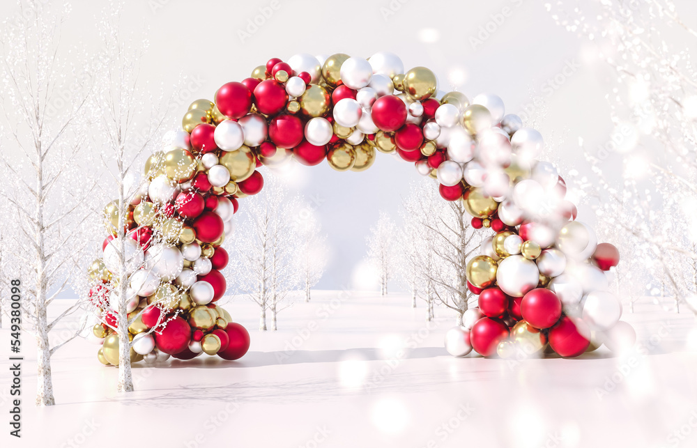 Poster winter christmas scene with geometric sphere arch. 3d rendering background.