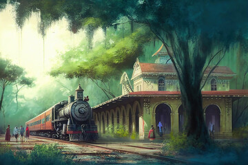 Fototapeta na wymiar AI generated image of a vintage rural railway station in India covered by trees