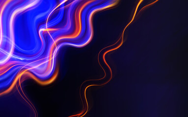 Dark fractal, abstract background. Bright neon lines, waves. Blurred laser shapes