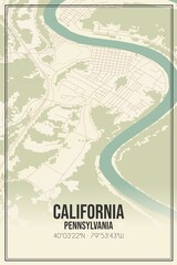 Retro US city map of California, Pennsylvania. Vintage street map.