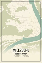 Retro US city map of Millsboro, Pennsylvania. Vintage street map.