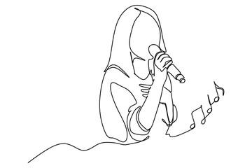 One line image of a young female musician sing a song and hold microphone. Illustration hand drawn style design for music concept - obrazy, fototapety, plakaty