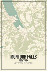 Retro US city map of Montour Falls, New York. Vintage street map.