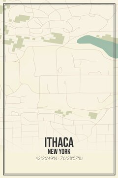 Retro US city map of Ithaca, New York. Vintage street map.