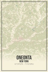 Retro US city map of Oneonta, New York. Vintage street map.