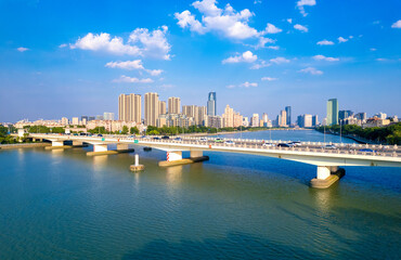 Obraz premium Urban Environment of Yuyao River Section at Sanjiangkou, Ningbo, Zhejiang Province, China