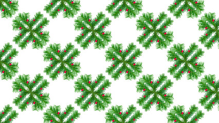 Pattern of green yew branches with red berries on a white background.