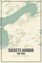 Retro US city map of Sackets Harbor, New York. Vintage street map.