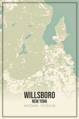 Retro US city map of Willsboro, New York. Vintage street map.