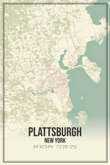 Retro US city map of Plattsburgh, New York. Vintage street map.